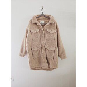 American Eagle AE Beige Tan Sherpa Faux Fur Cargo Pockets Shirt Jacket Coat L